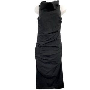 Nicole Miller Ruched Bodycone Black‎ Midi Dress High Neck Size 8